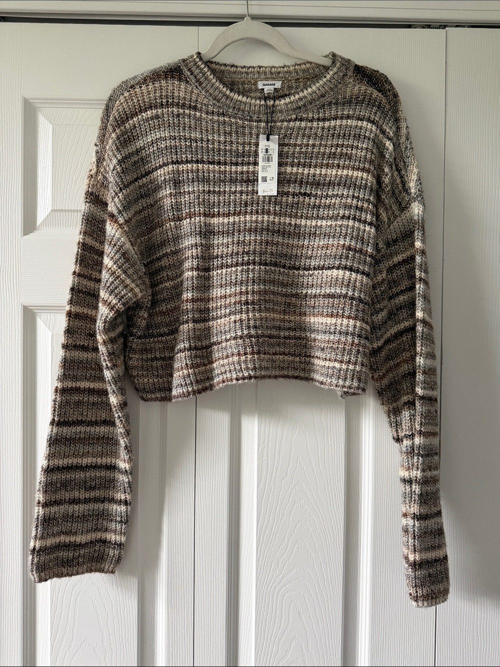 Garage Cropped Striped Crewneck Sweater in Brown and Cream